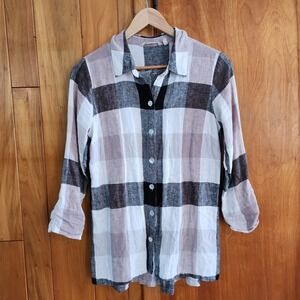 Soft Surroundings Linen Blend Top Plaid Lagenlook Chic Classic Medium Tunic